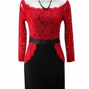 ❤️ Red & Black Lace Bodycon Dress by Venus – Size 2